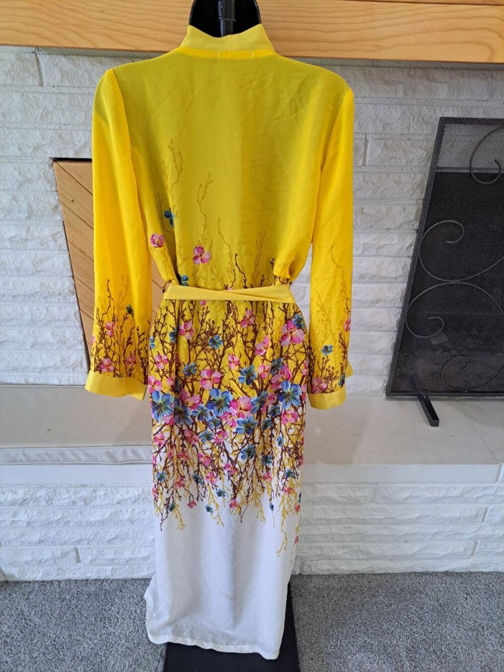 VtgThu Silk Yellow Floral Kimono Robe Belt Chiffon Womens One Size Fits Most - Picture 8 of 8